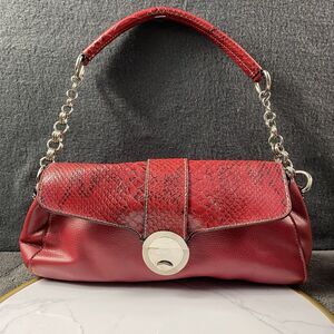 Red Snakeskin Shoulder Bag Silver Chain Strap Push Lock Handbag Purse Trendy Med